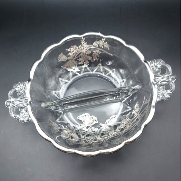Silver City Glass Flanders Poppy Silver Overlay Crystal Divided Scalloped Dish - Picture 1 of 10